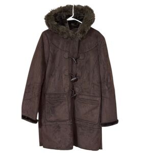 Larry Levine Brown Faux Suede Toggle Coat with Faux Fur Hooded Lining M
